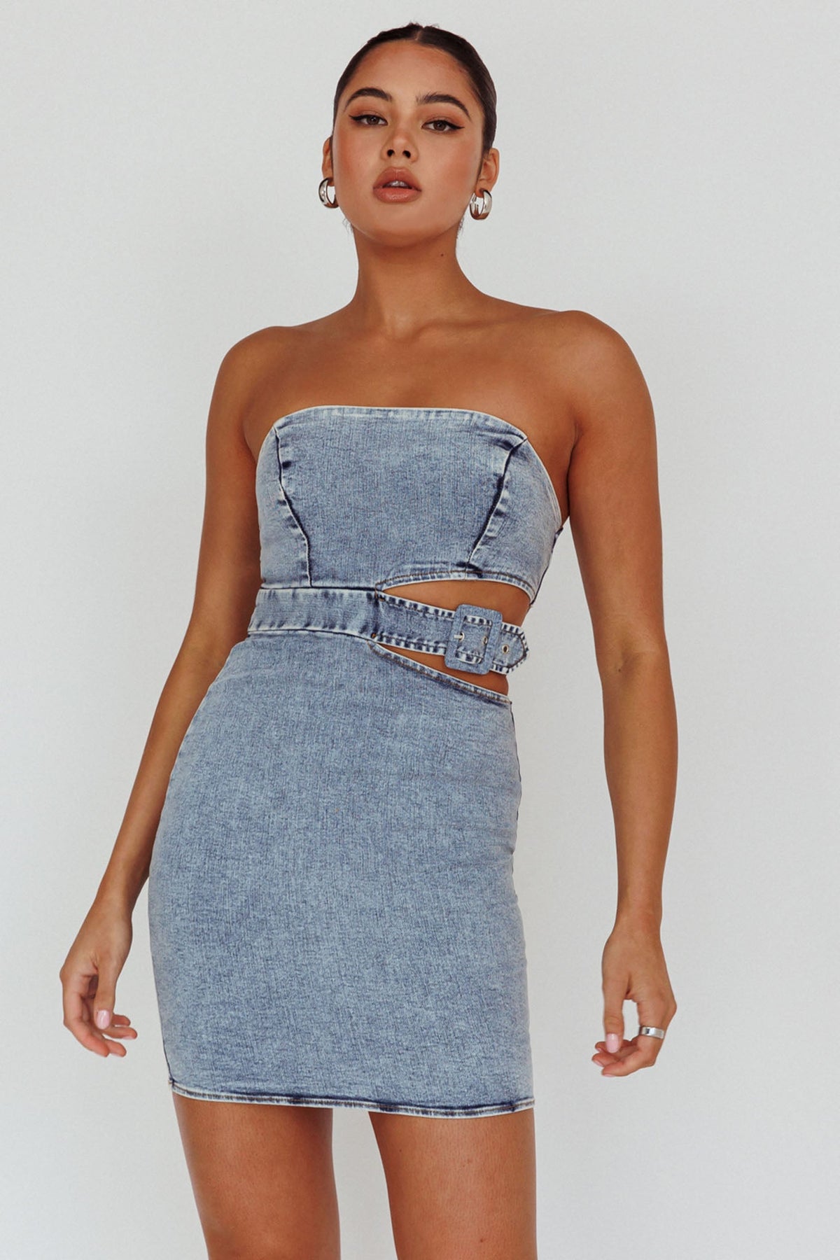 Jett Buckle Waist Mini Dress Denim Blue