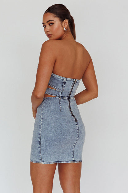 Jett Buckle Waist Mini Dress Denim Blue