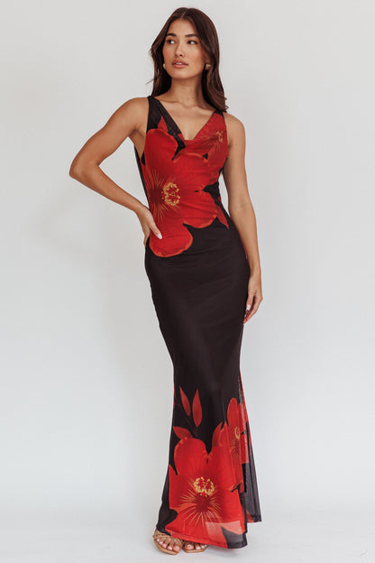 Cassiopeia Open Back Maxi Dress Hibiscus Black