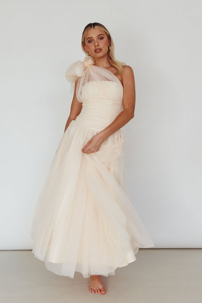 Let's Elope Bow Shoulder Midi Dress Butter