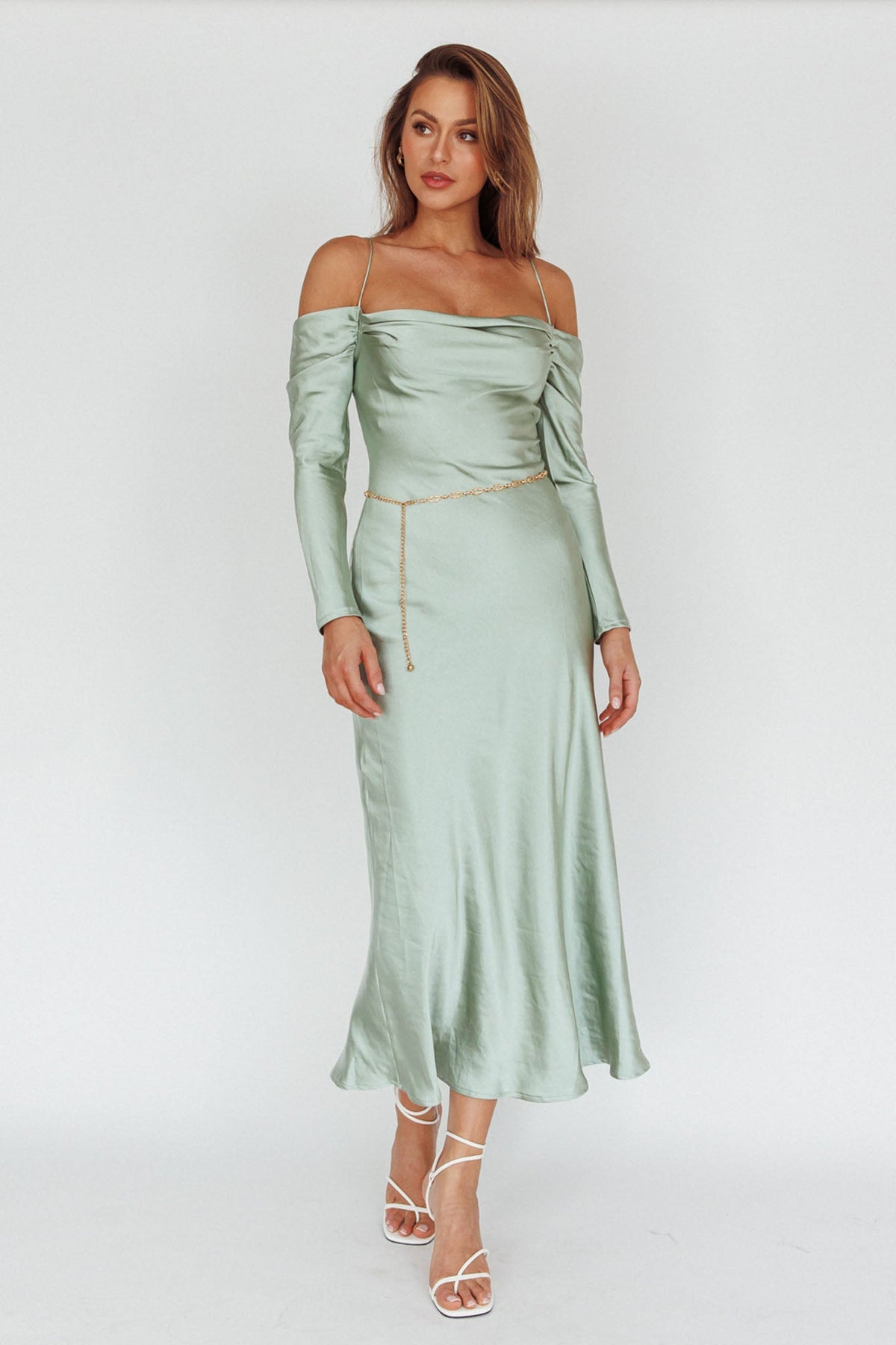 Ellory Long Sleeve Off-Shoulder Dress Sage