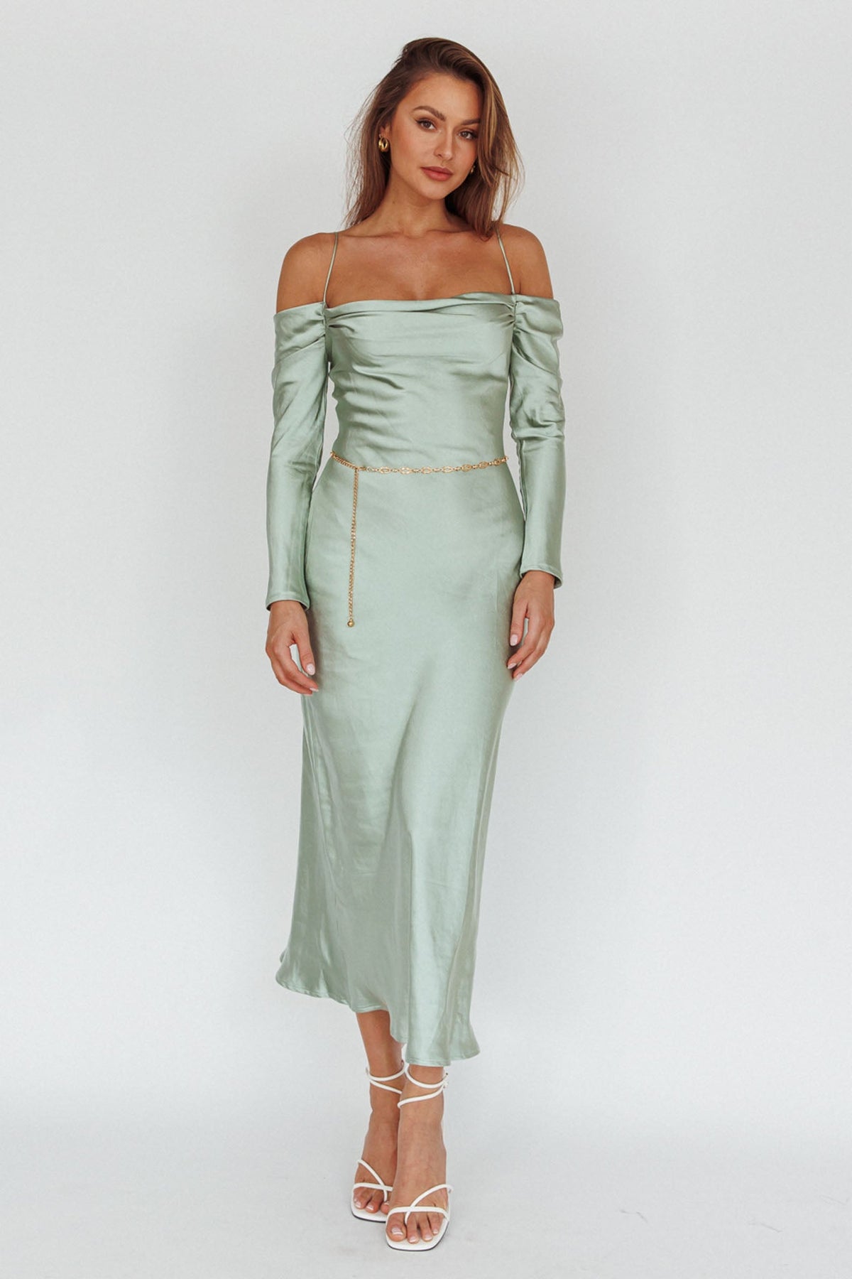 Ellory Long Sleeve Off-Shoulder Dress Sage