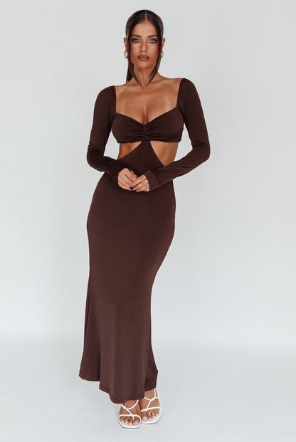 Vienna Long Sleeve Cut-Out Waist Maxi Dress Chocolate