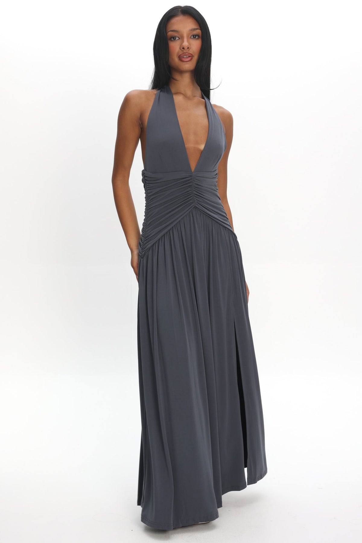 Italia Azure Gathered Waist Maxi Dress Charcoal