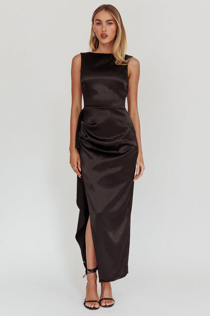 Kamillia Boat Neck Split Maxi Dress Black
