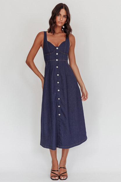 Pixie Dust Button Front Midi Dress Dark Denim