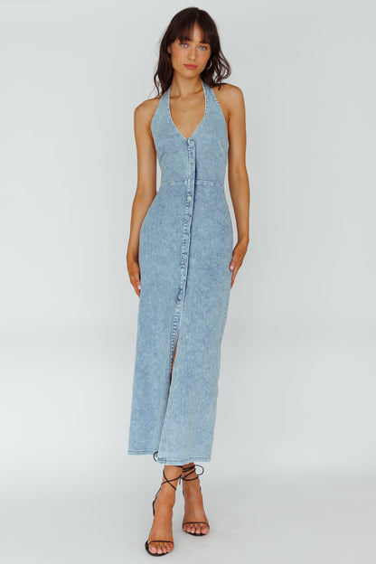 Renita Halterneck Button Maxi Dress Denim Blue