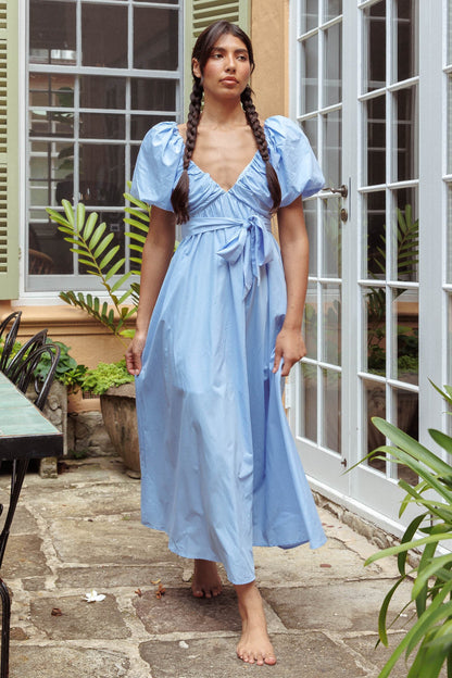 Mayflower Puff Sleeve Waist Tie Midi Dress Blue