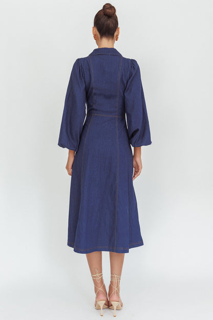 Ania Long Balloon Style Midi Dress Dark Denim