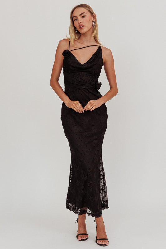 Golden Glow Rosette Cowl Neck Maxi Dress Black