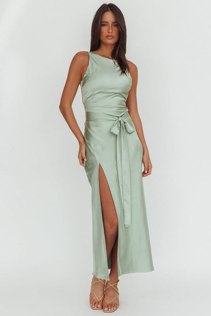 Standing By Backless Waist Tie Maxi Dress Sage