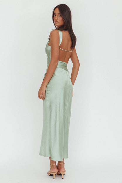 Standing By Backless Waist Tie Maxi Dress Sage