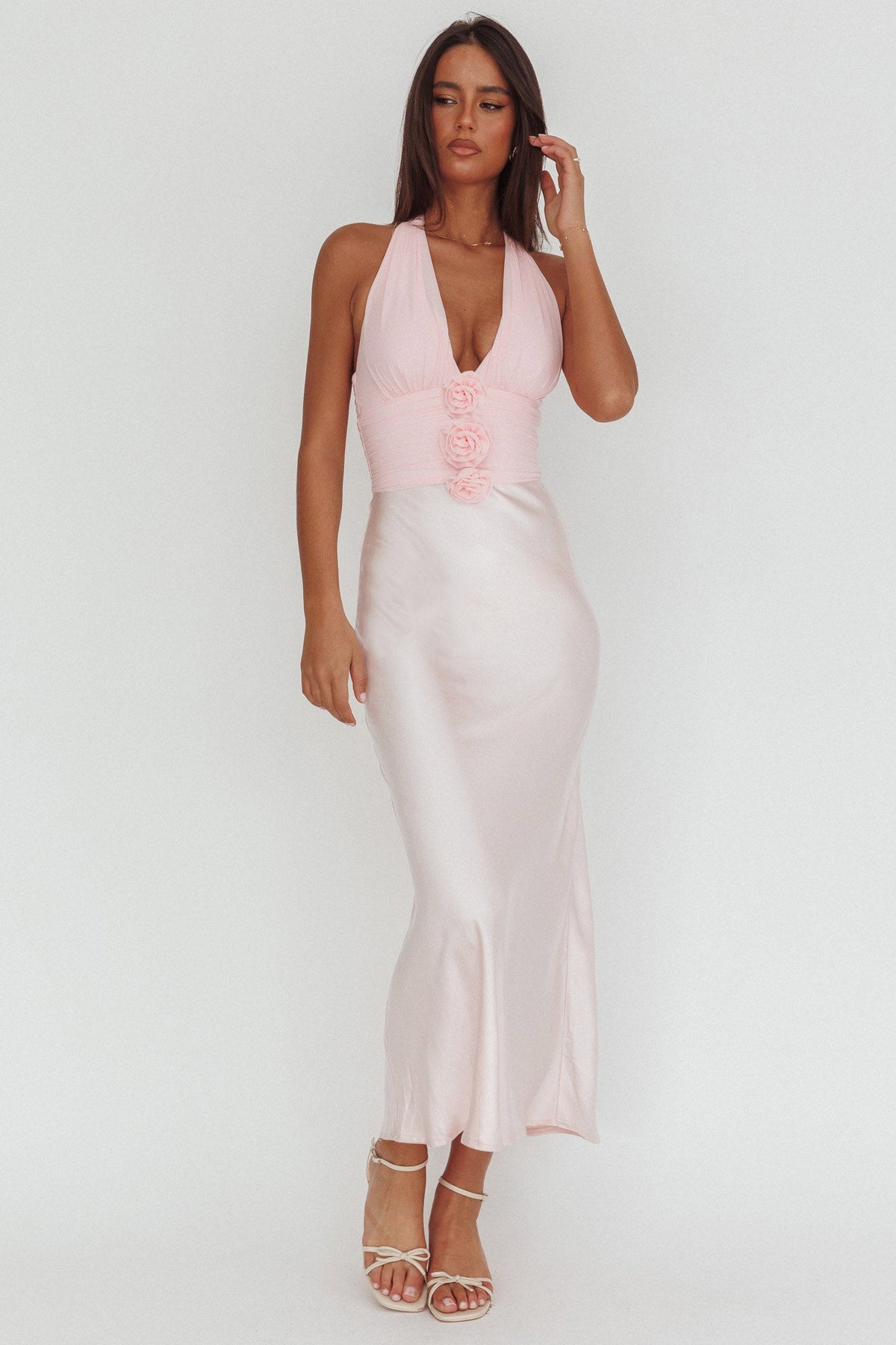Heliora Halterneck Rosette Bust Maxi Dress Pink
