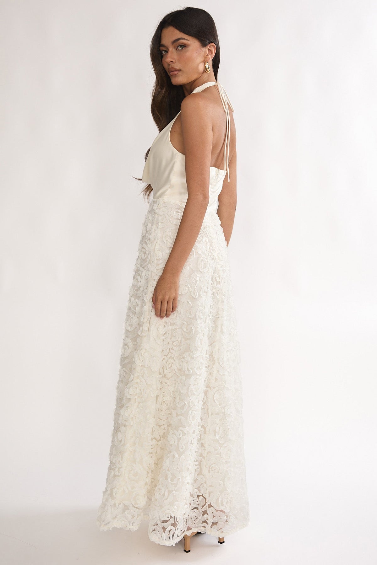 Lucerne Cowl Halter Maxi Dress Embellished Ivory