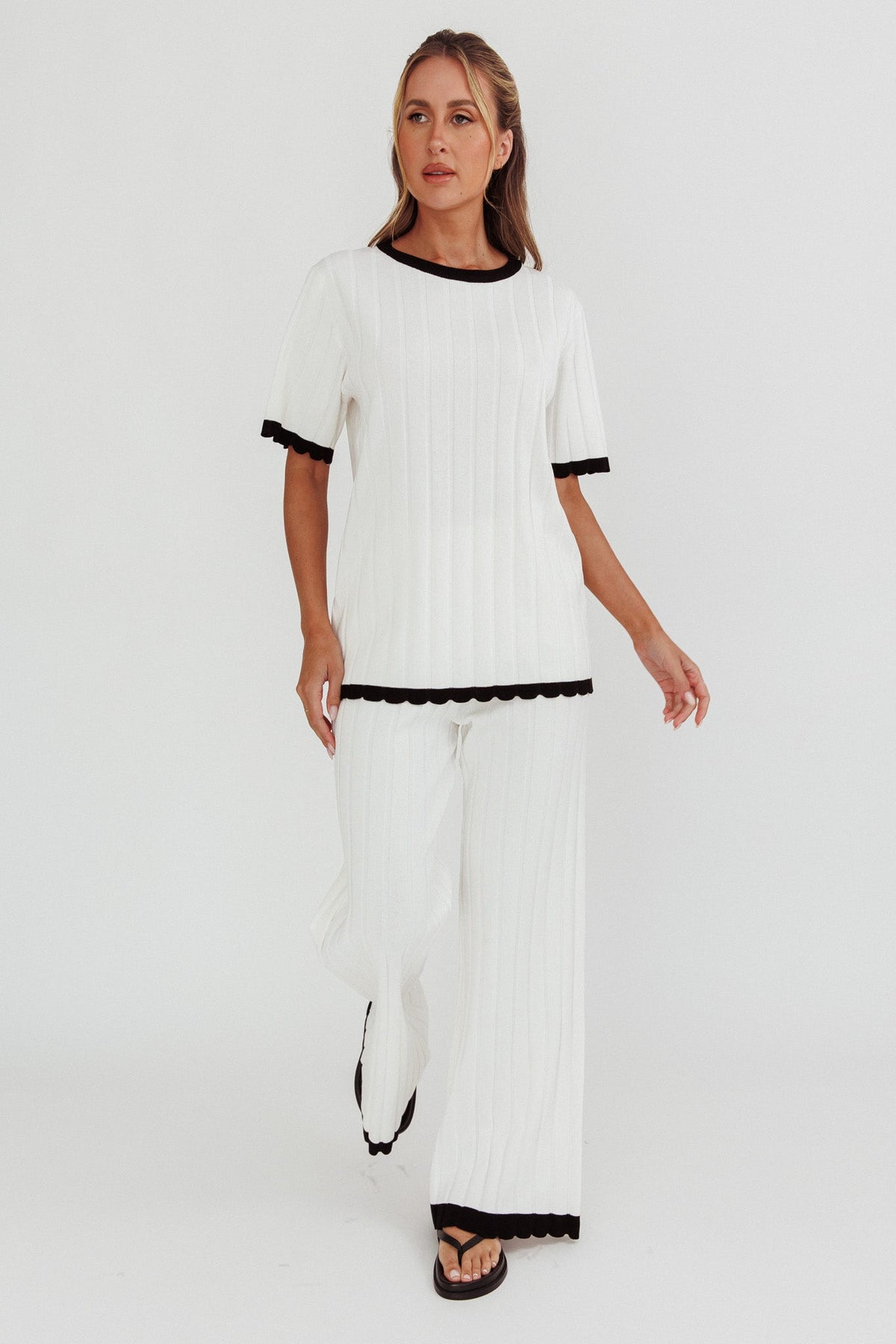 Liloh Contrast Trim Ribbed Knit Pants White