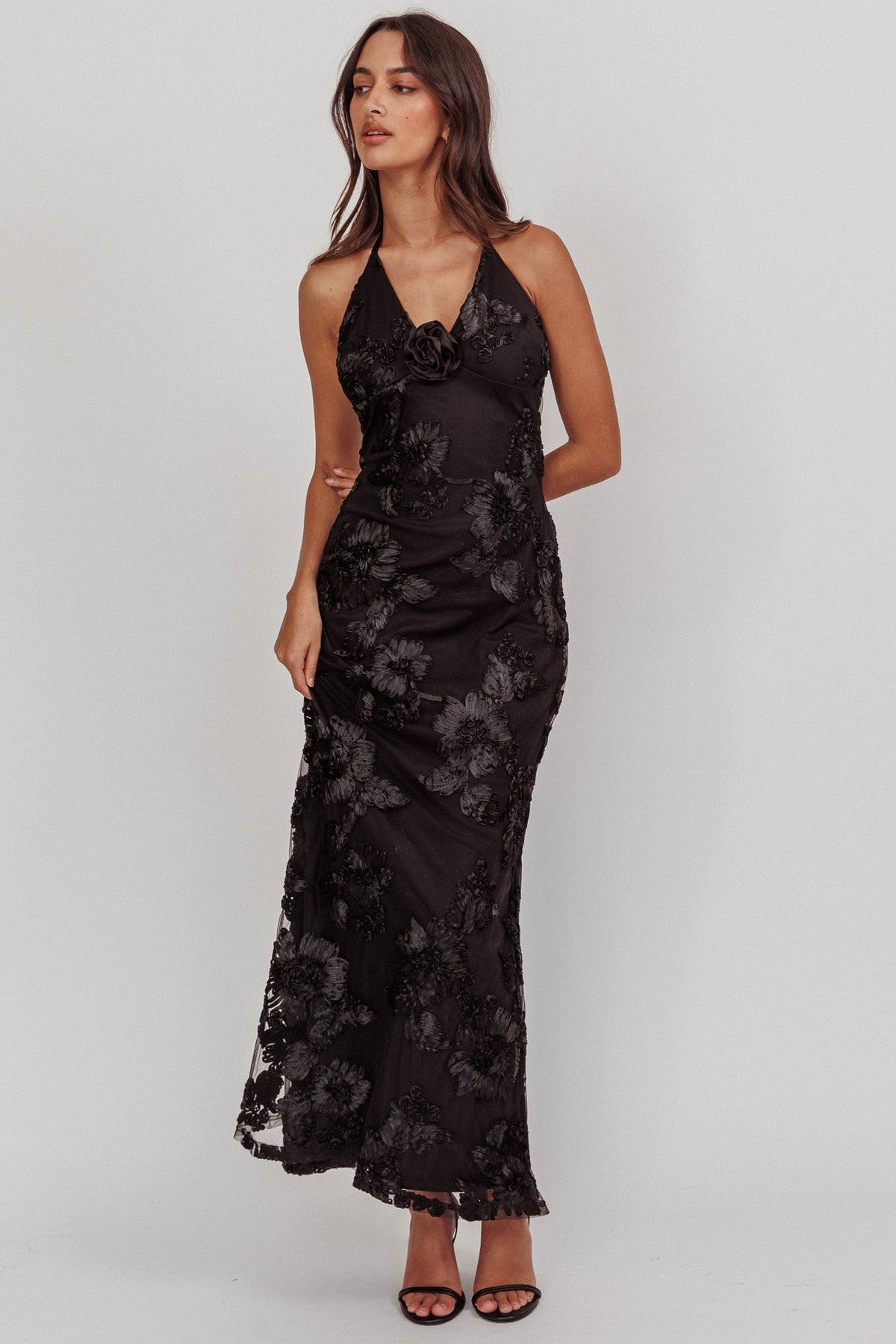 Your Affections Rosette Ribbon Embellished Maxi Dress Black