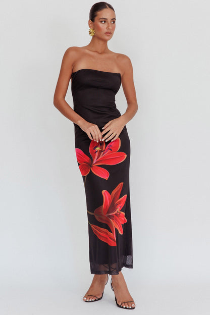 Iridian Strapless Floral Maxi Dress Black