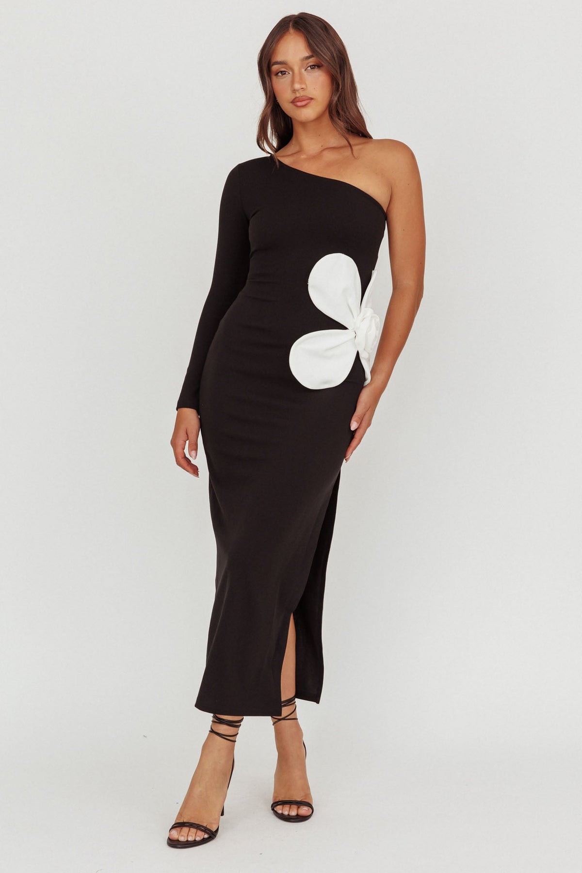 No Competition One-Shoulder Oversized Flower Maxi Dress Black