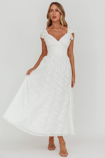 Lola Ruffle Shoulder Maxi Dress Textured White