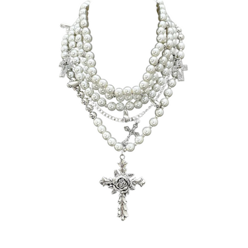 Rose Cross Faux Pearls Necklace
