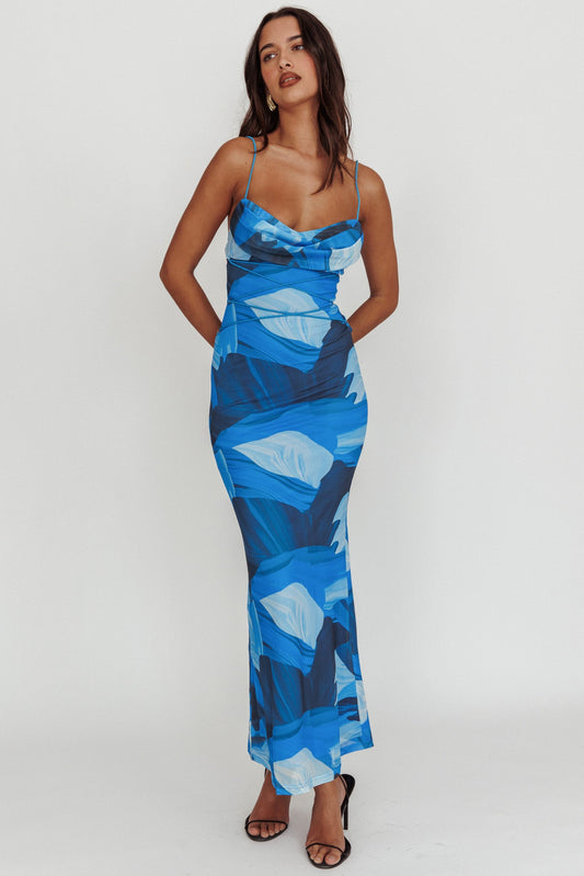Teava Laced Waist Maxi Dress Abstract Blue