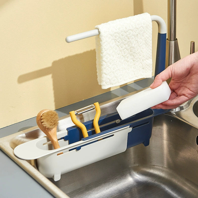 Telescopic Sink Organizer Rack with Towel Bar – Adjustable Over-Sink Caddy for Sponges & Cleaning Supplies