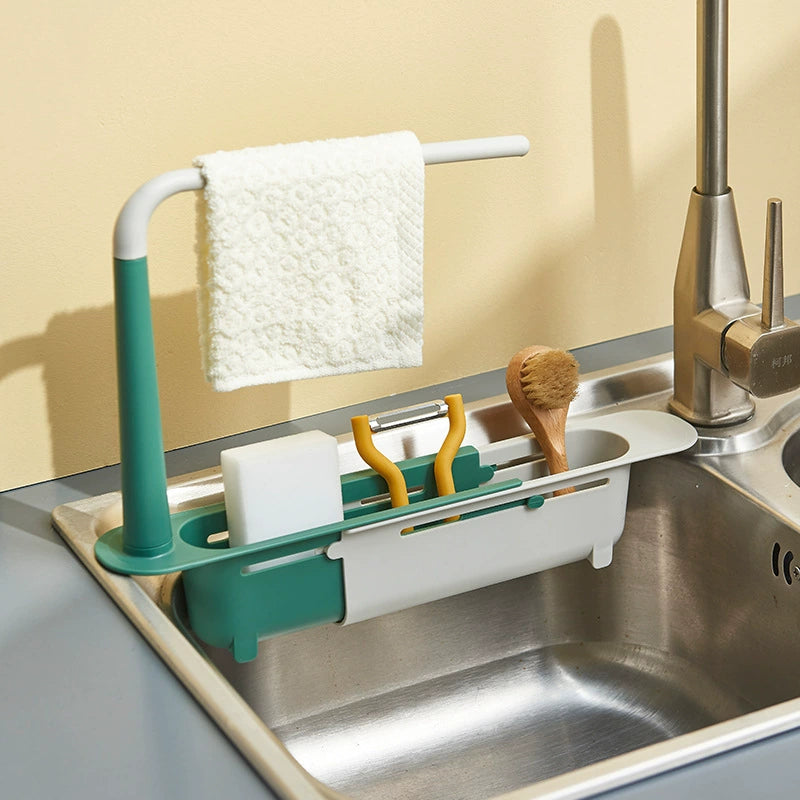 Telescopic Sink Organizer Rack with Towel Bar – Adjustable Over-Sink Caddy for Sponges & Cleaning Supplies