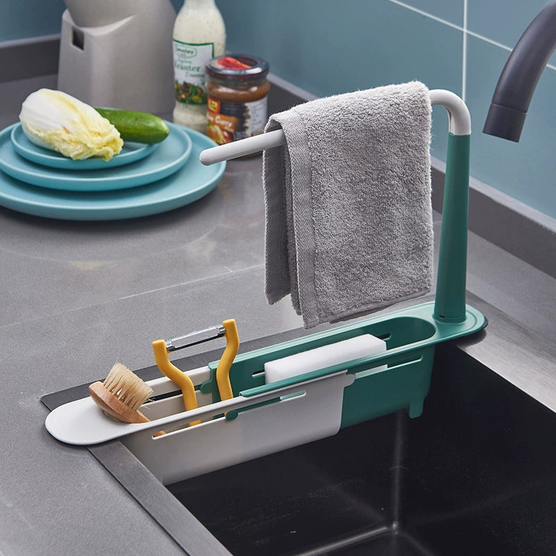 Telescopic Sink Organizer Rack with Towel Bar – Adjustable Over-Sink Caddy for Sponges & Cleaning Supplies