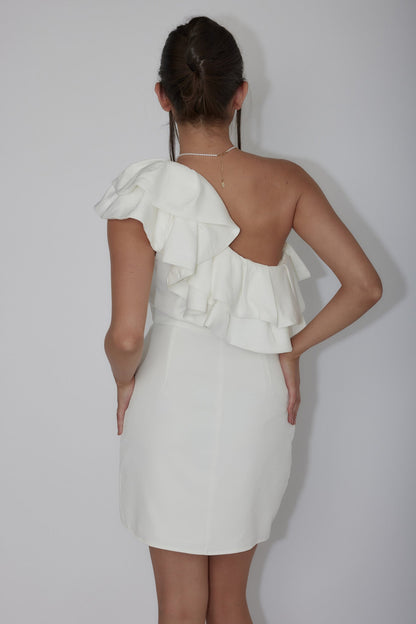 Midnight Star One-Shoulder Ruffle Mini Dress Off White