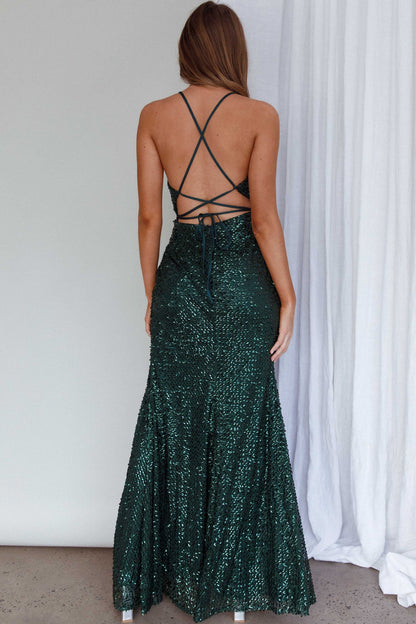 Luminosa Strappy Back Sequin Dress Emerald