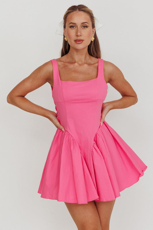Verdant Square Neck Flared Mini Dress Fuchsia