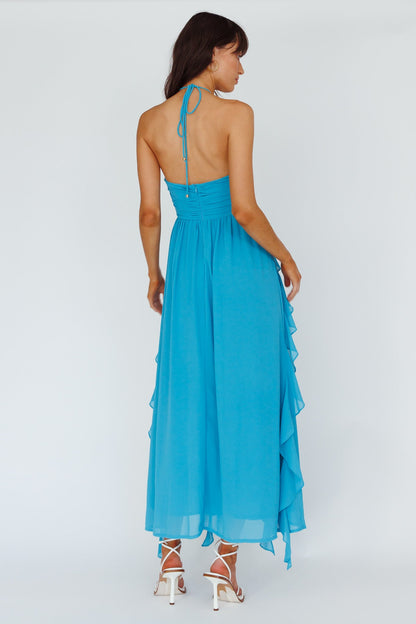 Asiah Ruffle Trim Halterneck Maxi Dress Cerulean Blue