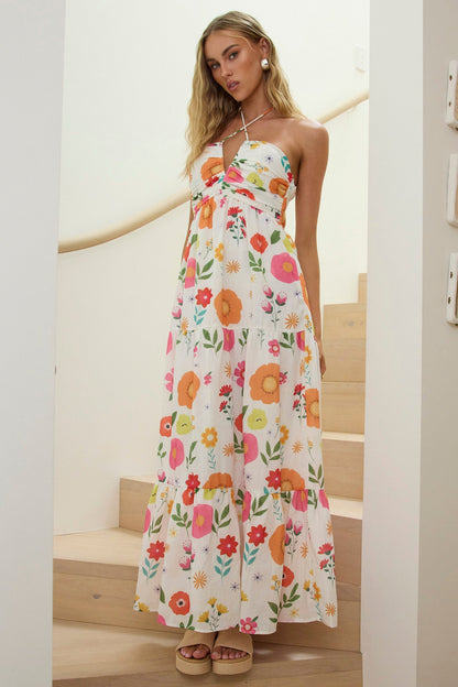 Asiah Gathered Bust Halterneck Maxi Dress Floral White