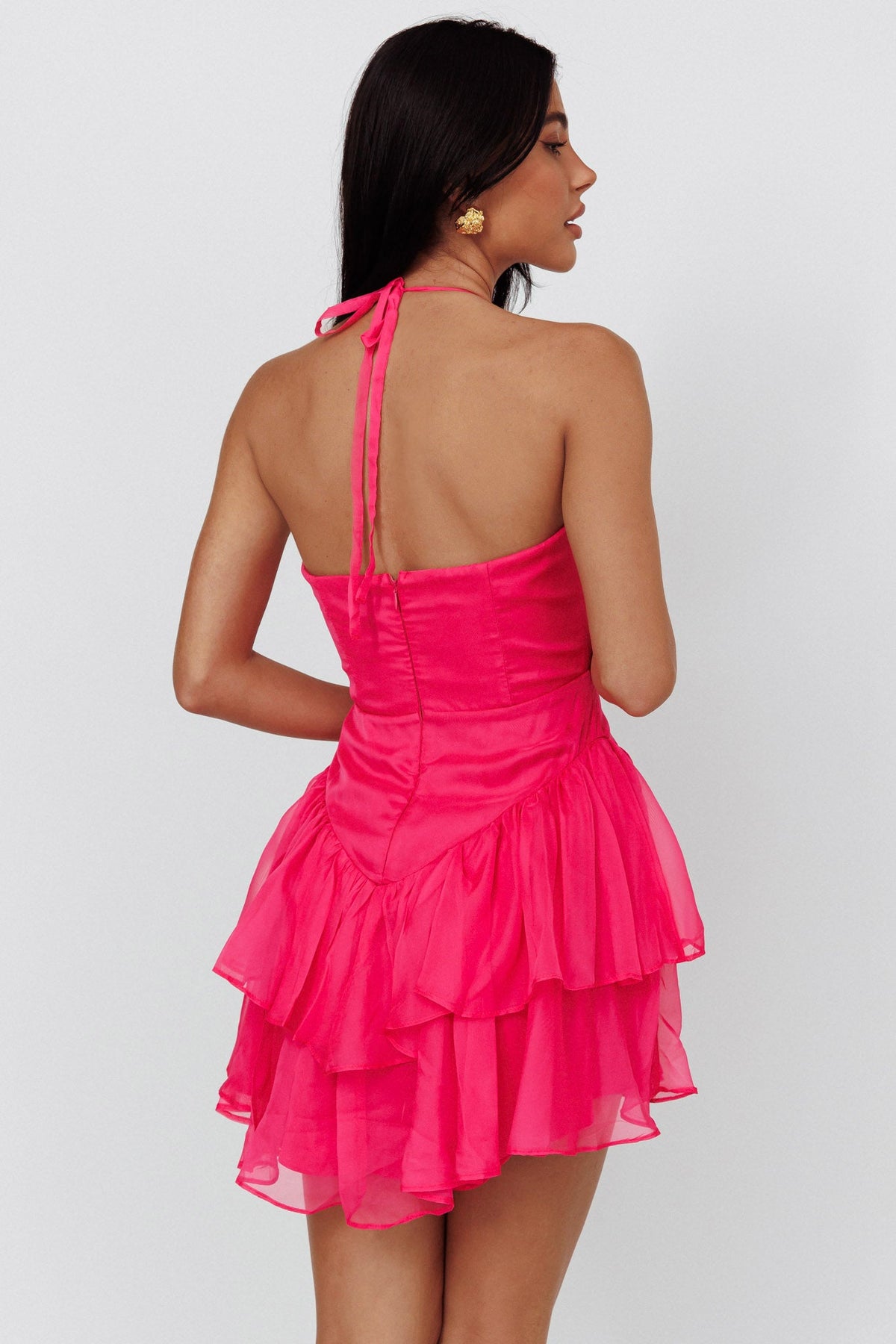 Tuscan Summer Flounce Mini Dress Hot Pink