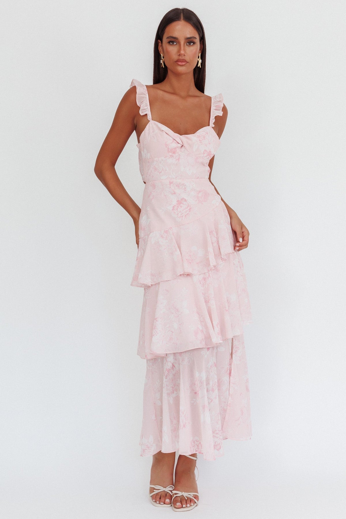 Veda Ruffle Strap Split Maxi Dress Roses Blush