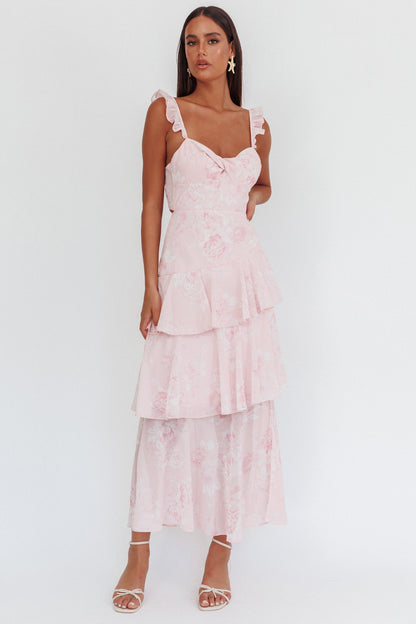 Veda Ruffle Strap Split Maxi Dress Roses Blush