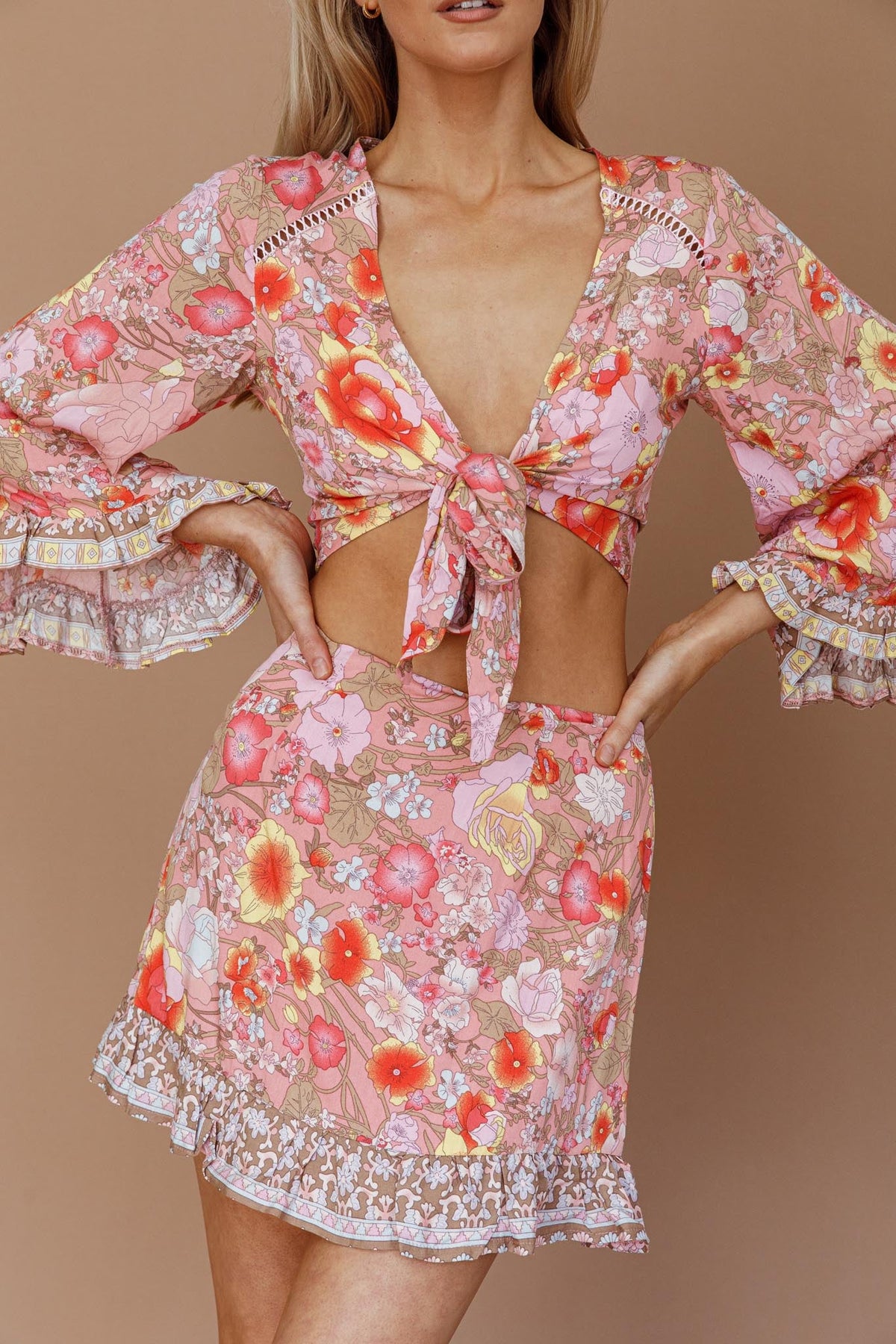 Island Girl Long Sleeve Tied Crop Top Floral Pink