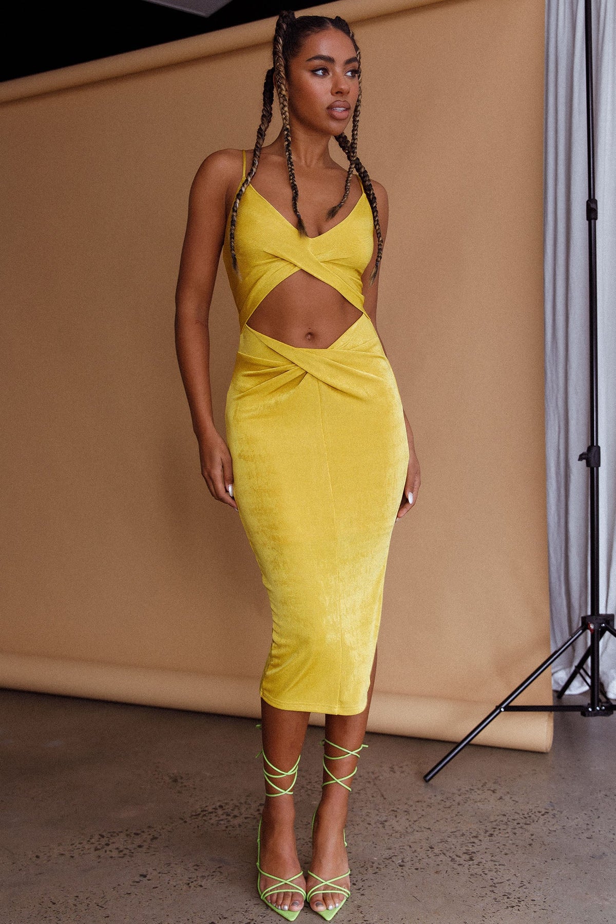 Loving You Cut-Out Waist Midi Dress Yellow