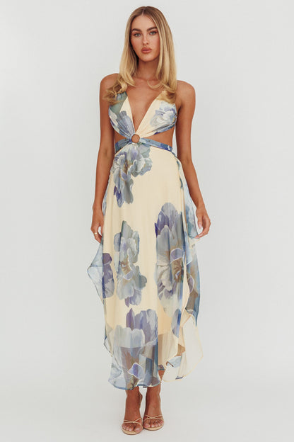 Samia Cut-Out Halterneck Maxi Dress Beige/Blue