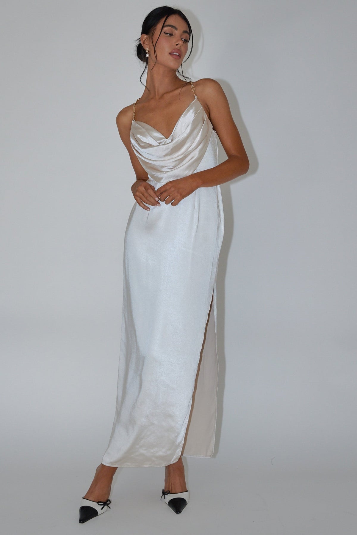 Emanuella Chain Strap Satin Midi Dress Champagne