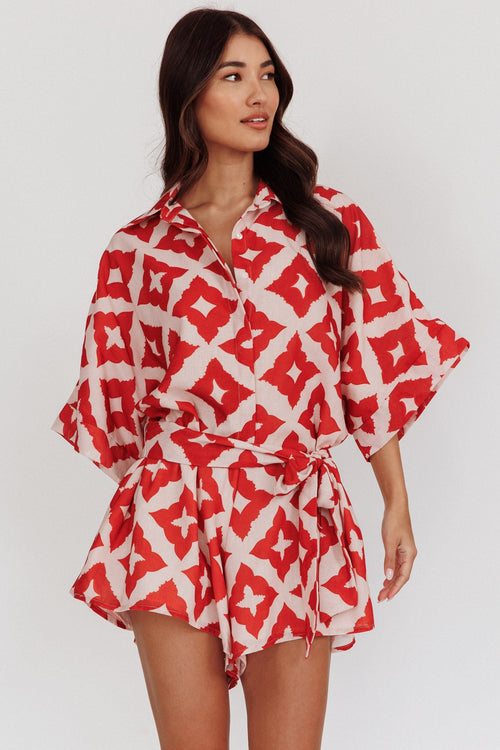 Daytona Beach Button-Up Romper Print Burgundy