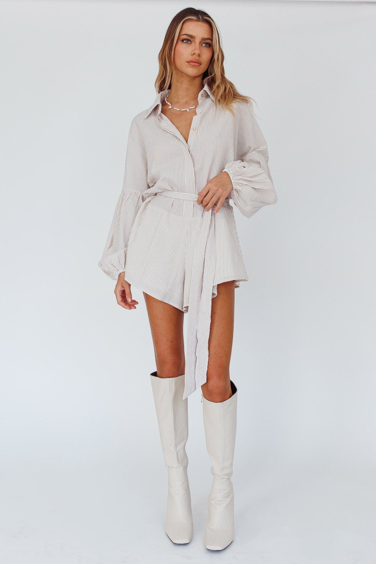 Daytona Beach Long Sleeve Shirt Romper Beige Stripe