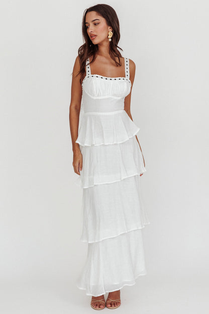 Provence Bloom Tiered Ruffle Maxi Dress White