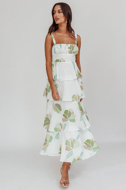 Provence Bloom Tiered Floral Maxi Dress Green
