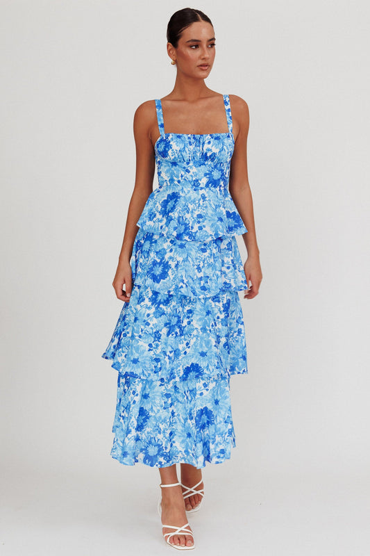 Provence Bloom Tiered Floral Maxi Dress Blue