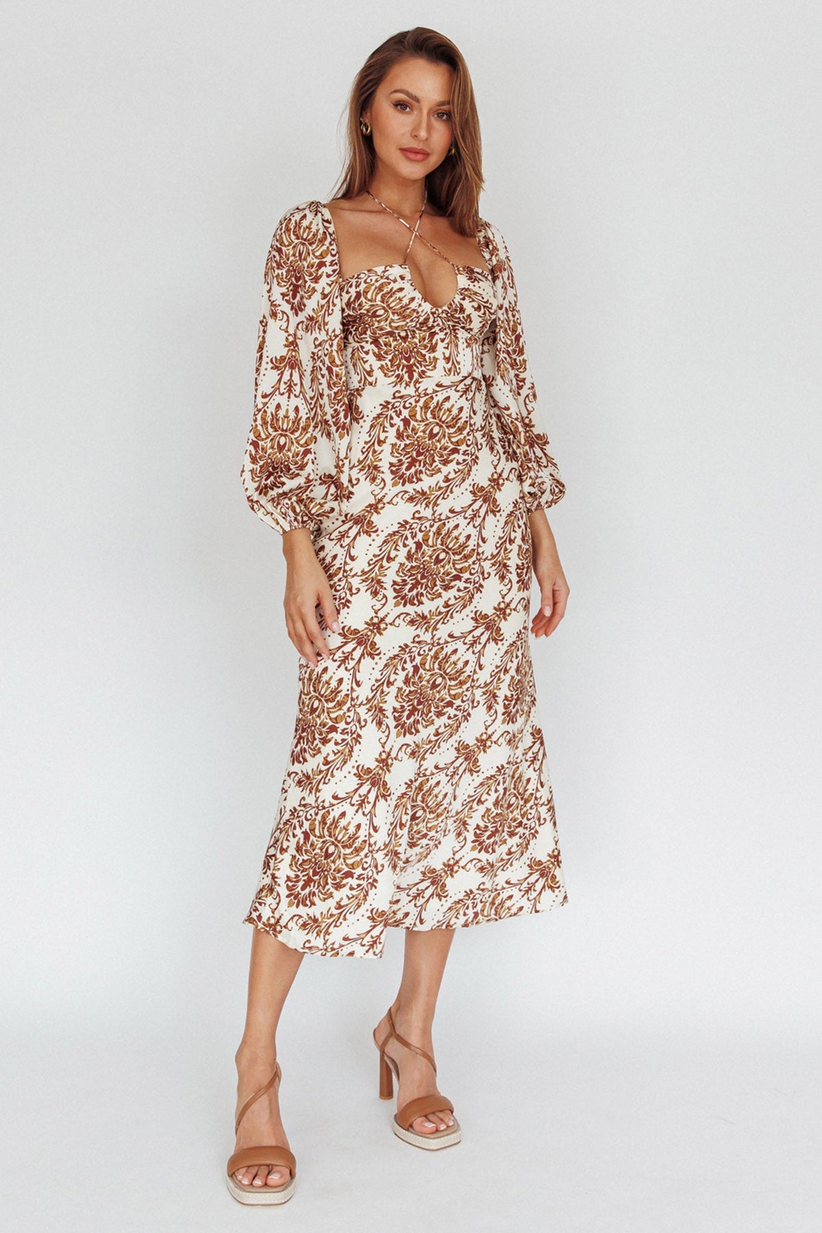 Nyree Long Sleeve Maxi Dress Floral Brown