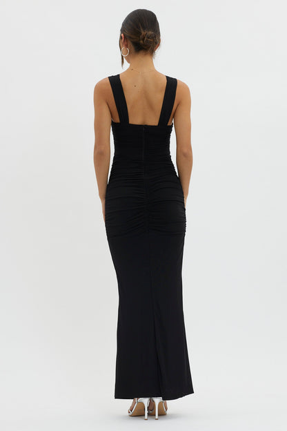 Oliana Sheer Waist Keyhole Maxi Dress Black