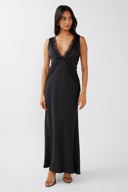 Ivonne Lace Trim V-Neck Maxi Dress Black