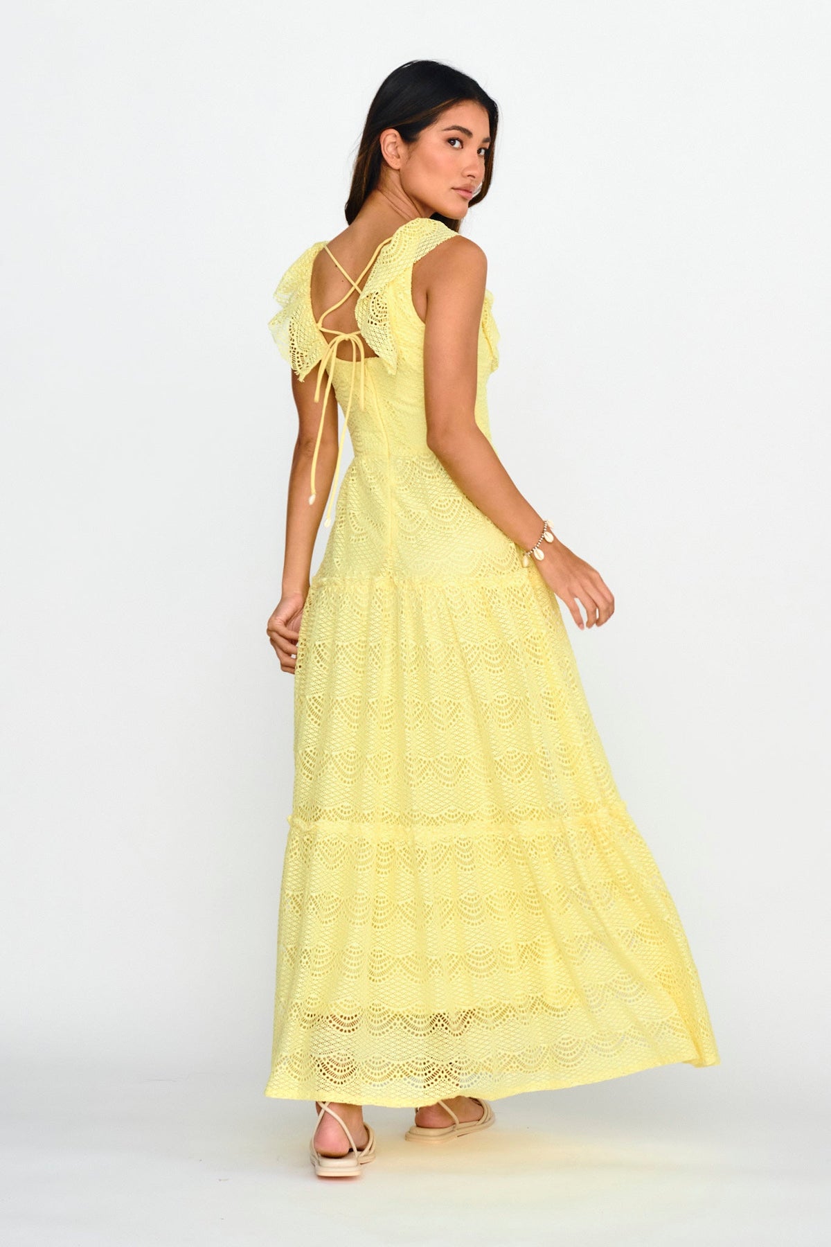 Portofino Sunset Ruffle Lace Maxi Dress Lemon