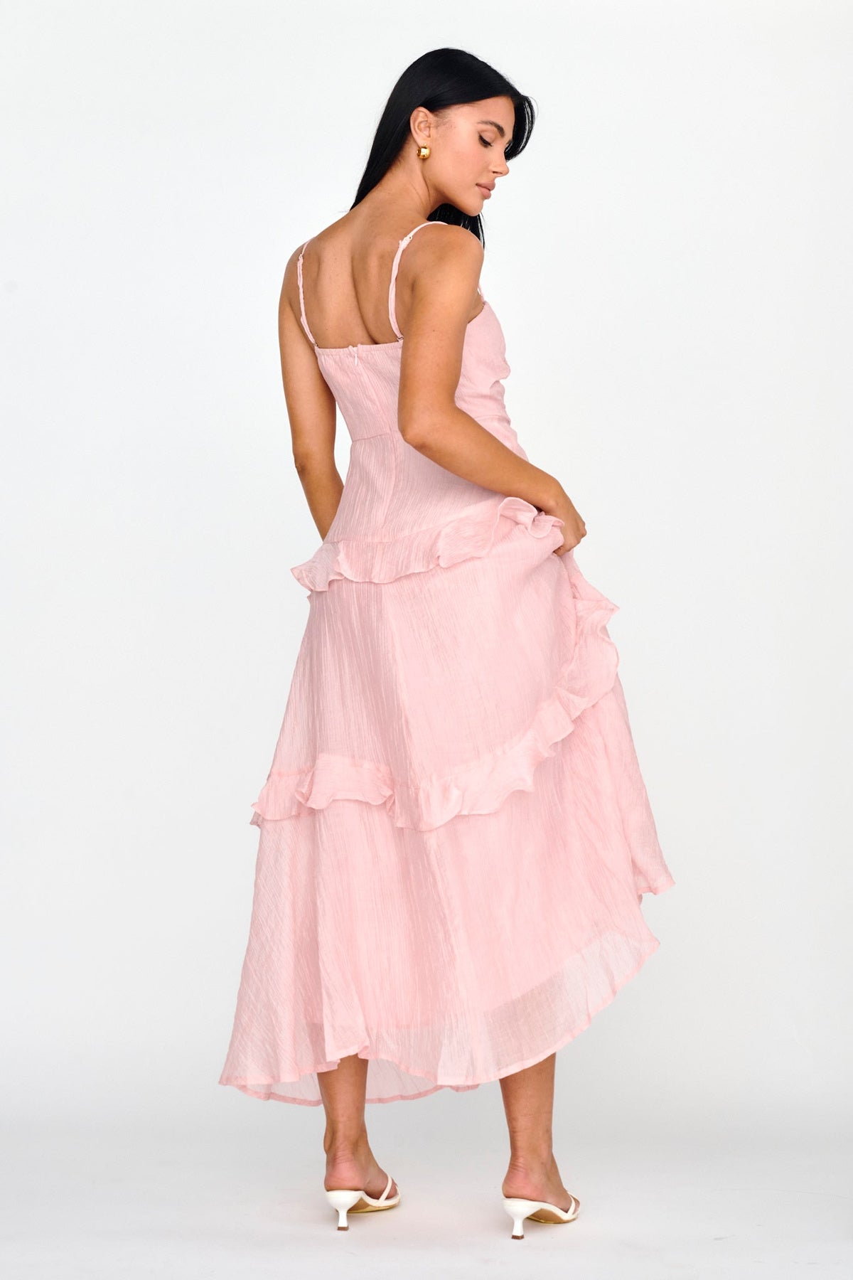 Rise & Glow Frill Trim Textured Midi Dress Blush